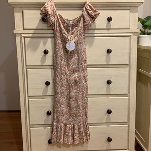 Floral smocked off the shoulder midi dress